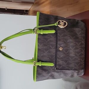 Michael Kors "Jet Set" Medium Signature Snap Pocket Tote, Brown/Green